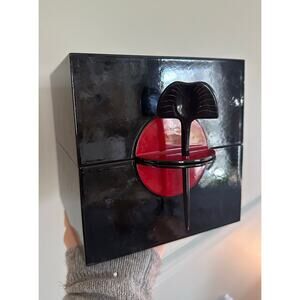 Art Deco Asian Style Black and Red Lacquered Jewelry Box 1980s 6”